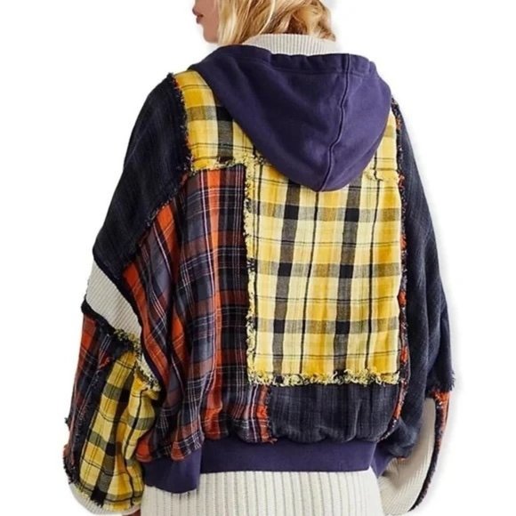 Free People We The Free Patch & Reverse Plaid Hoodie Jacket Slouchy Size L NWT - Picture 3 of 8